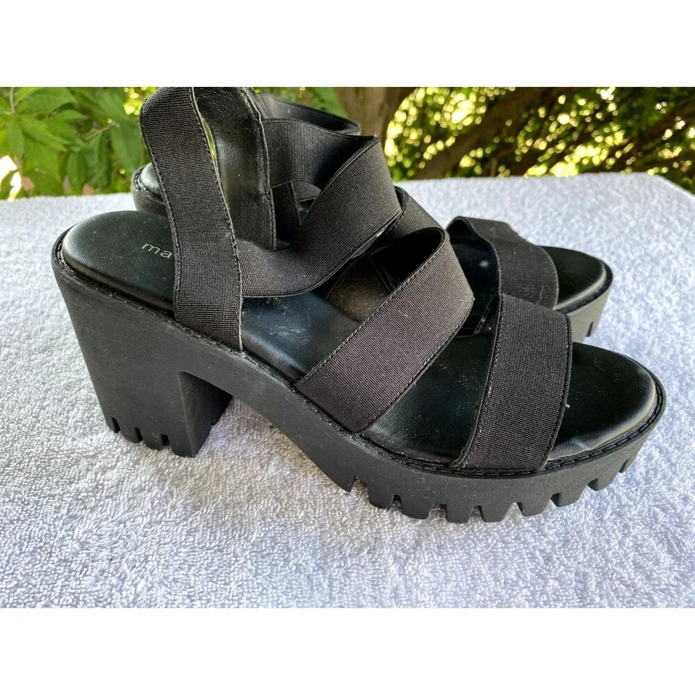 Madden Girl G-Spell Womens Sz 9M Black Open Toe Stretchy Straps Block Heel Shoes